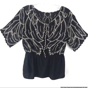Classy Boho Black Viscose Top Tan Embroidered
